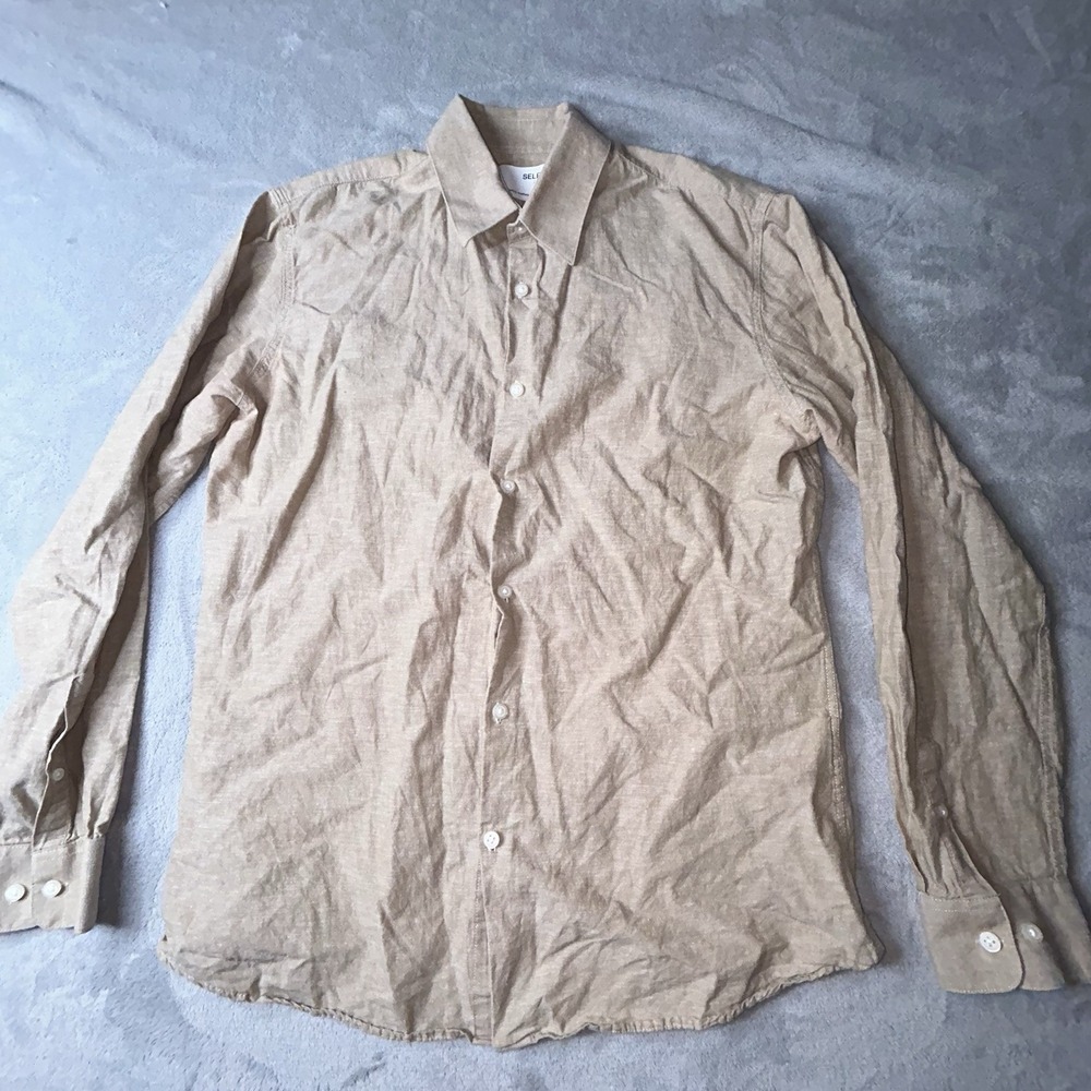 SELECTED HOMME MEN'S Tan LINEN BLEND BUTTON-DOWN HERITAGE SHIRT SIZE L